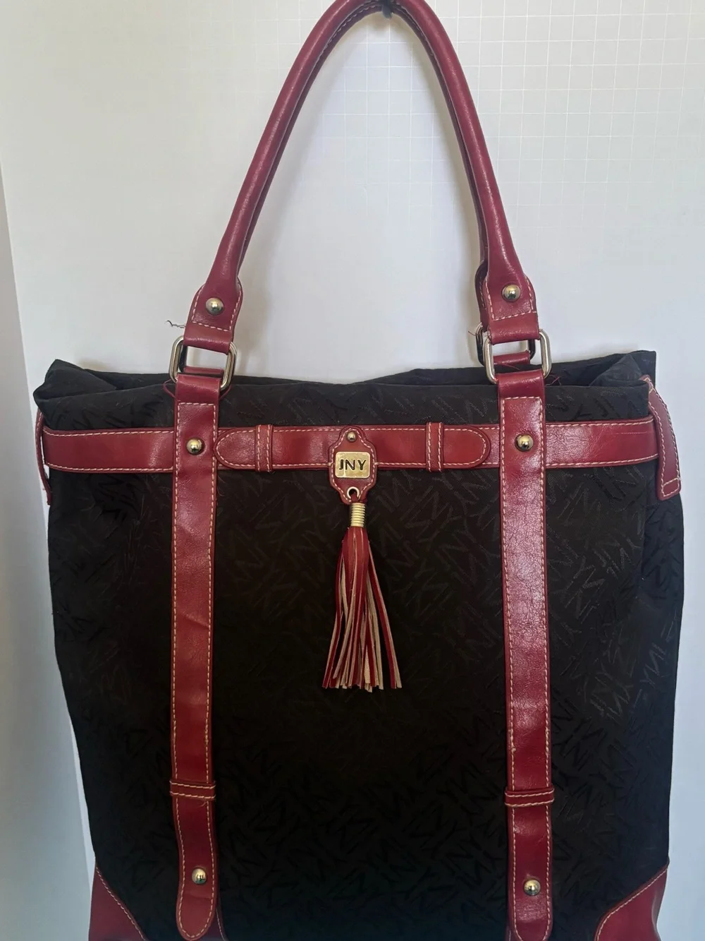 JNY Black Tote with Burgundy Trim and Tassel